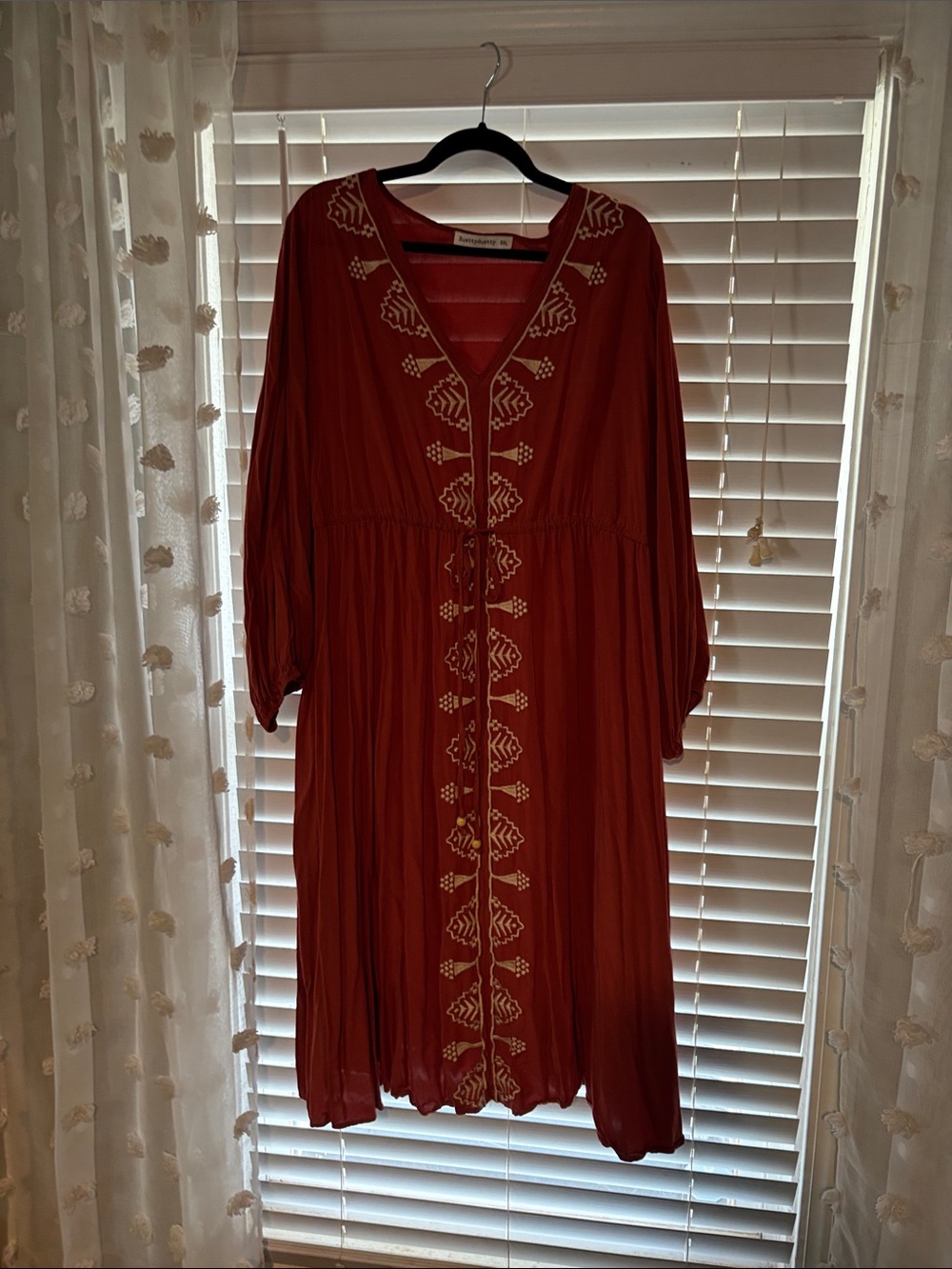 Boho Embroidered V-Neck Dress - Rust